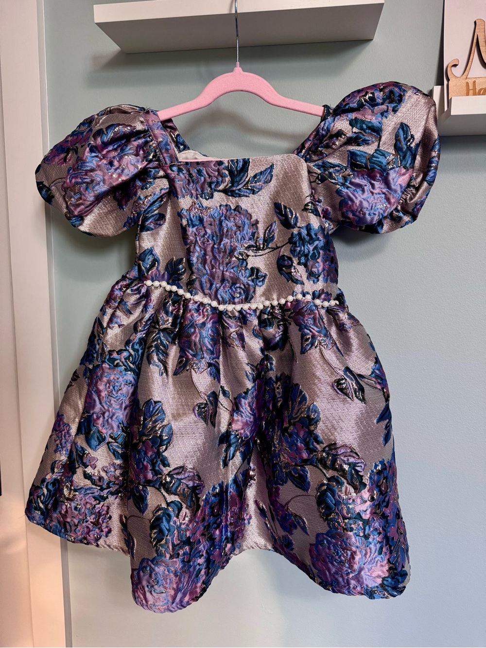 Badgley Mischka Girls' Brocade Floral Puff-Sleeve Dress Size 6